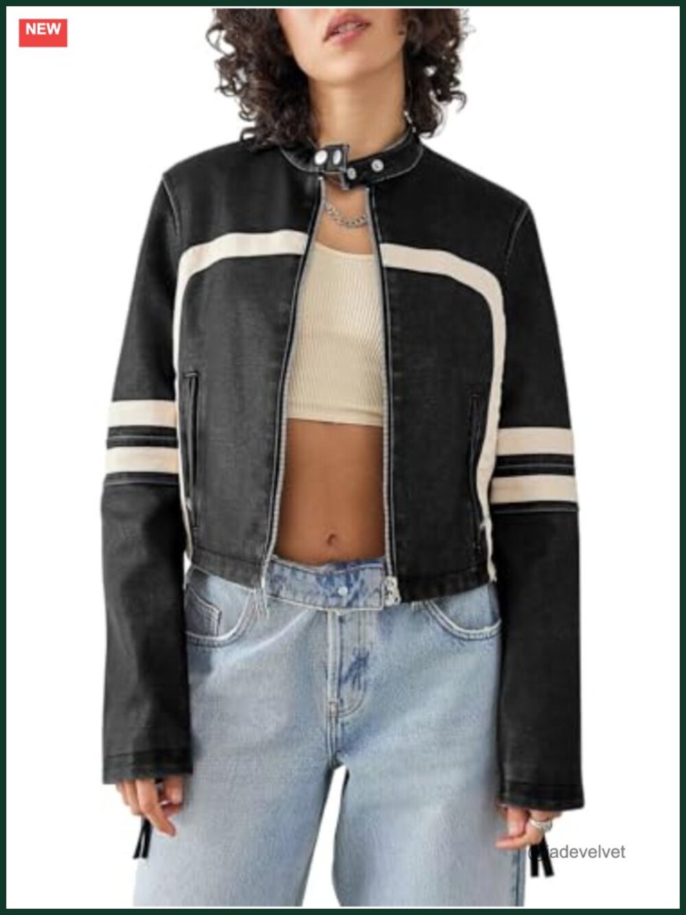 Faux Leather Cropped Moto Biker Jacket Striped Stitching Button
